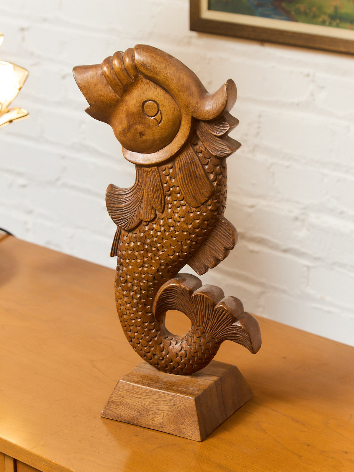 Vintage Teak Koi Carved Sculpture