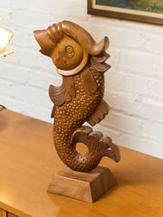 Vintage Teak Koi Carved Sculpture
