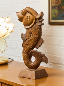 Vintage Teak Koi Carved Sculpture