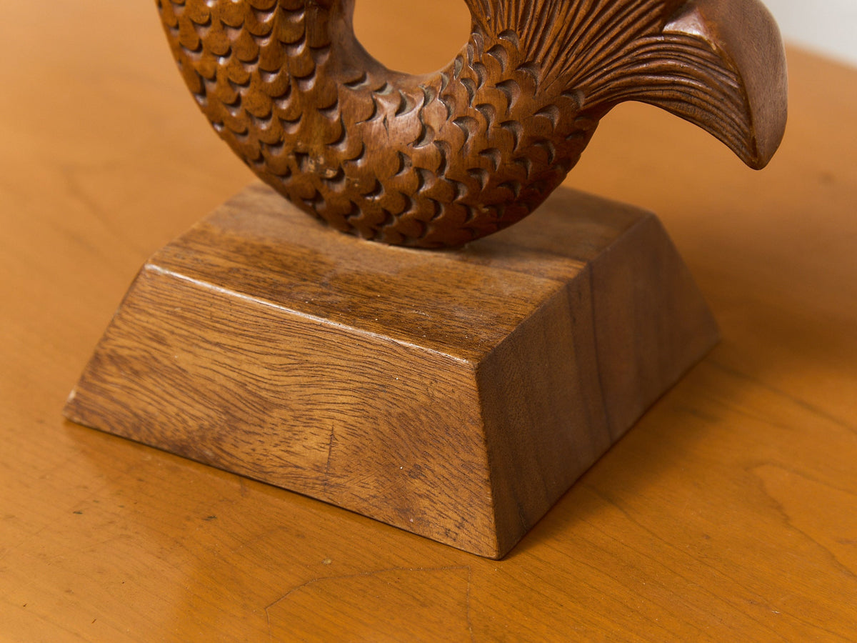 Vintage Teak Koi Carved Sculpture
