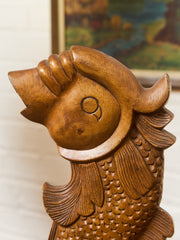 Vintage Teak Koi Carved Sculpture