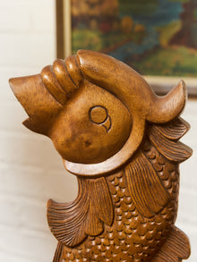 Vintage Teak Koi Carved Sculpture