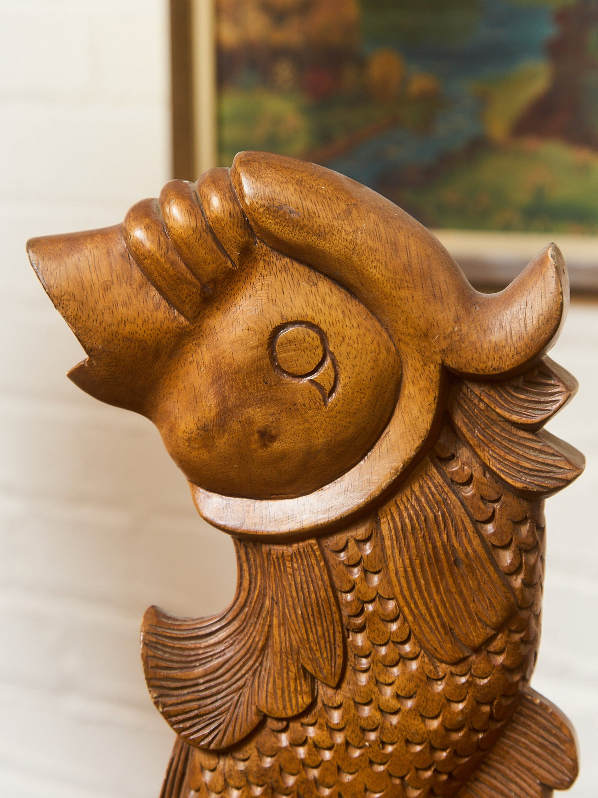 Vintage Teak Koi Carved Sculpture