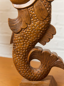 Vintage Teak Koi Carved Sculpture