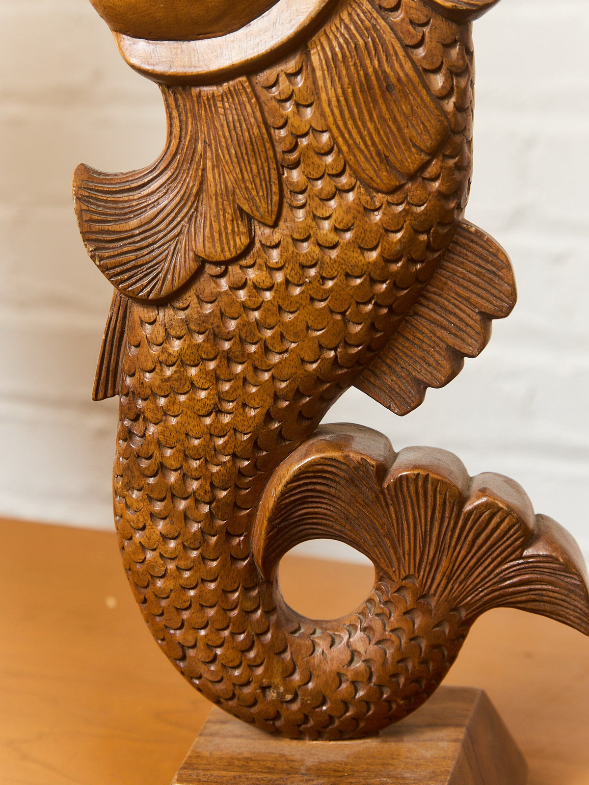 Vintage Teak Koi Carved Sculpture