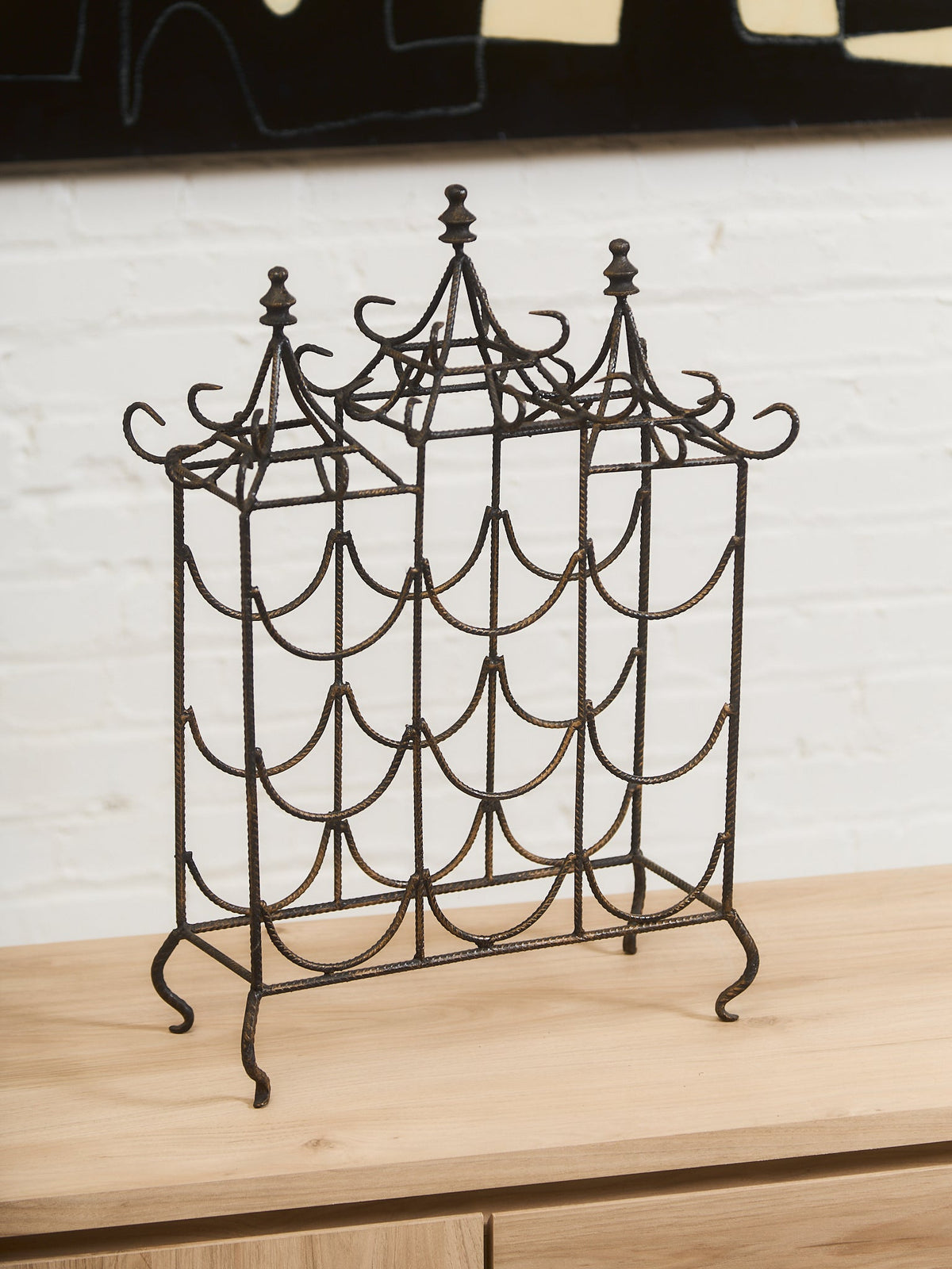 Antique Ornate Wrought Iron Pagoda-Style Wine Rack