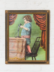 Antique Lithograph Girl on Phone
