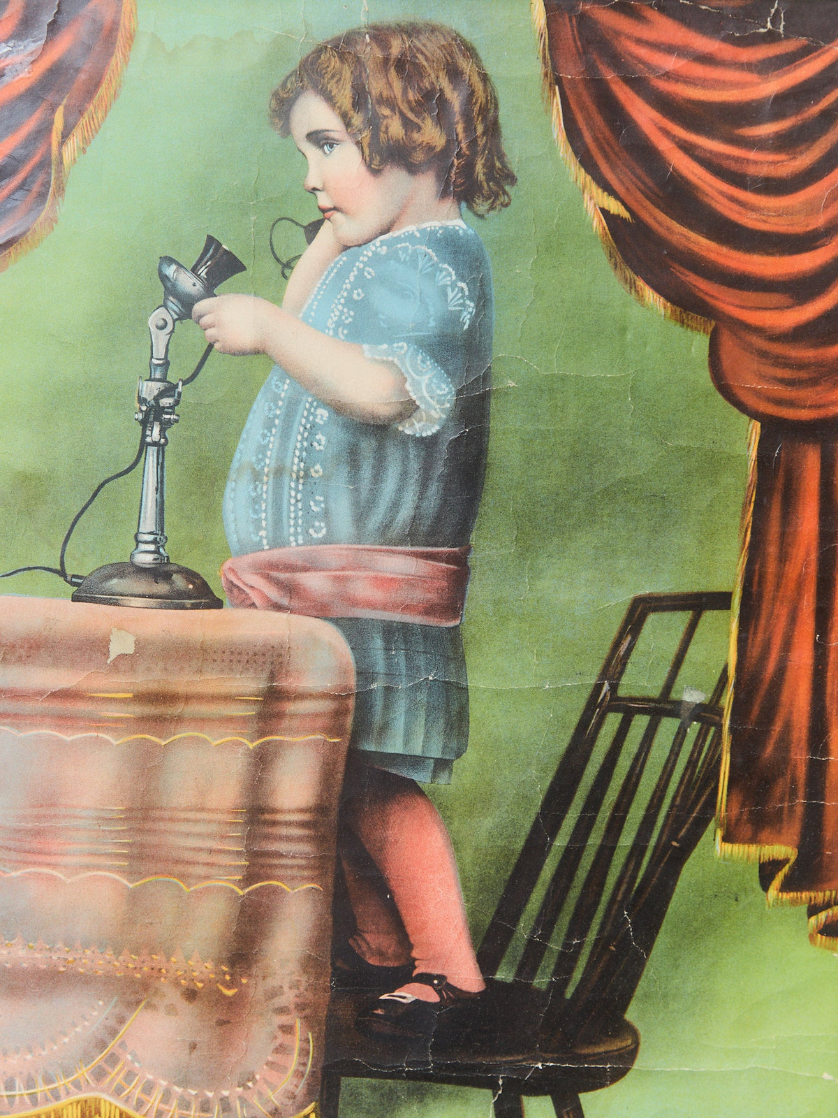 Antique Lithograph Girl on Phone