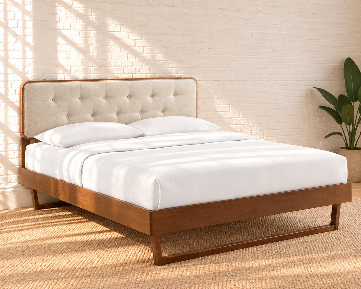 Colette Walnut Angular-Frame Queen Size Bed in Ivory Beige