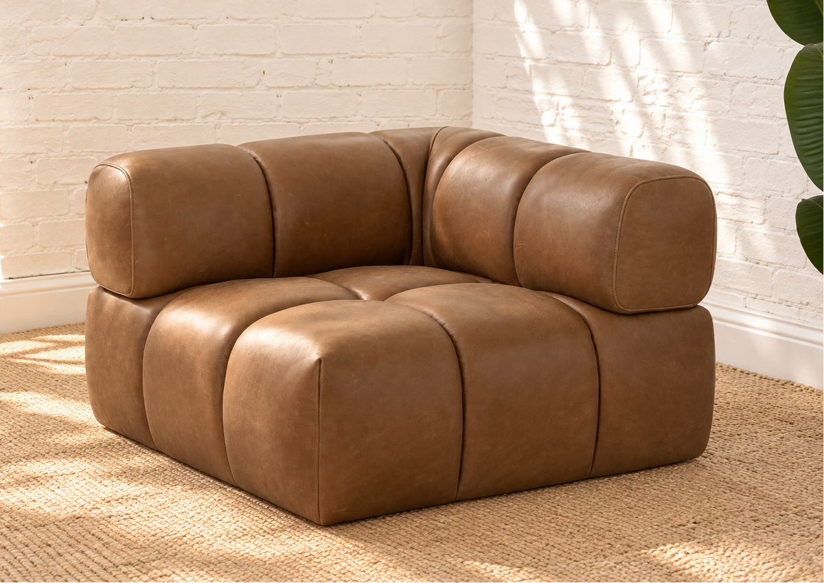 1970’s Style Four-Piece Sectional Sofa in Congac Brown leather