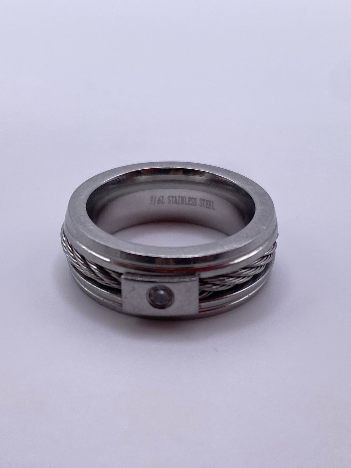 Men's Polished Stainless Steel Cable Crystal Band Ring