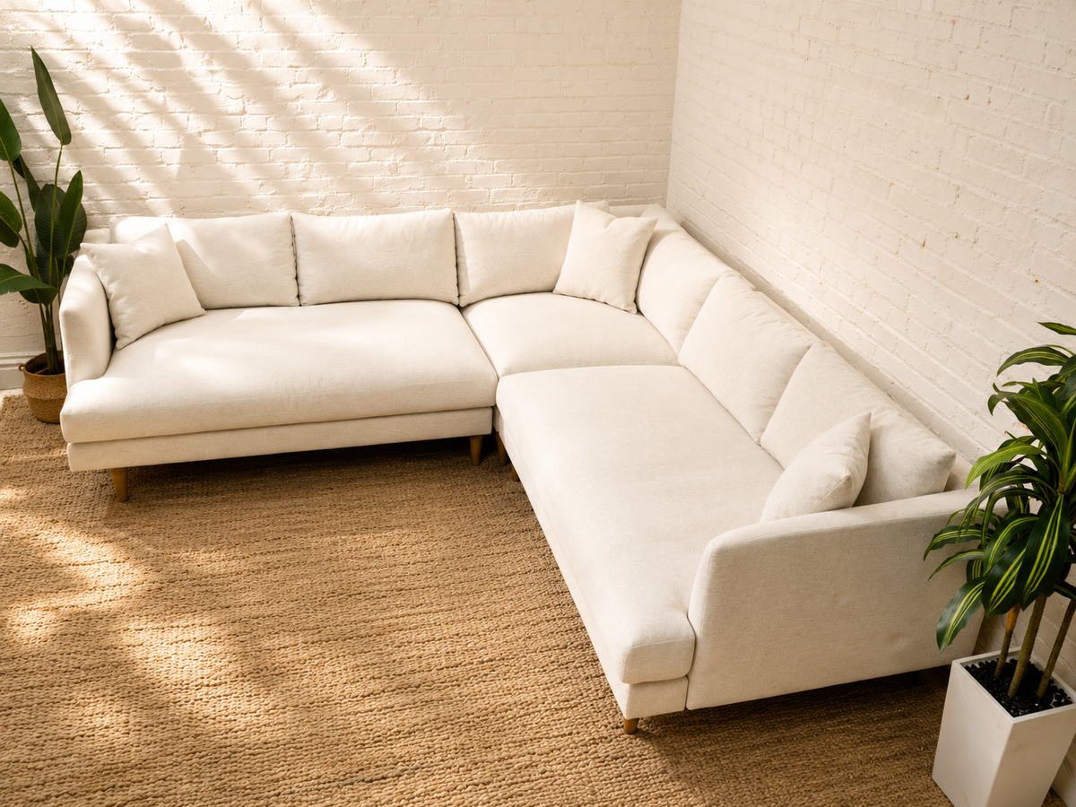 Modern Cream Tweed L-Shaped Sectional Sofa with Chaise