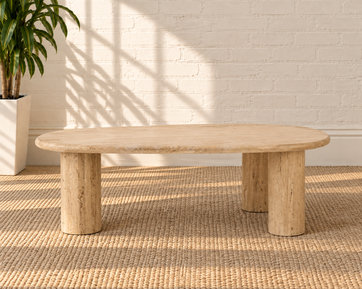 Eisley Triple Pedestal Travertine Coffee Table