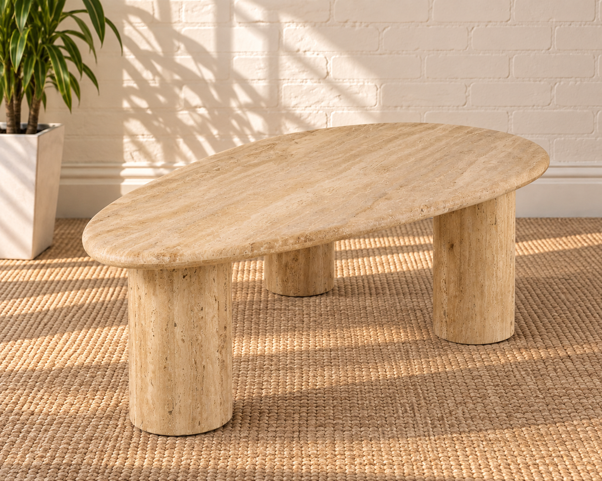 Eisley Triple Pedestal Travertine Coffee Table