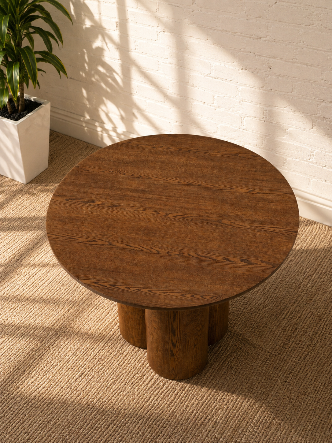 Stella Modern Round Oak Dining Table with Sculptural Triple Pedestal Base