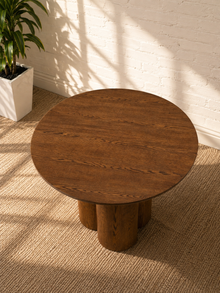 Stella Modern Round Oak Dining Table with Sculptural Triple Pedestal Base