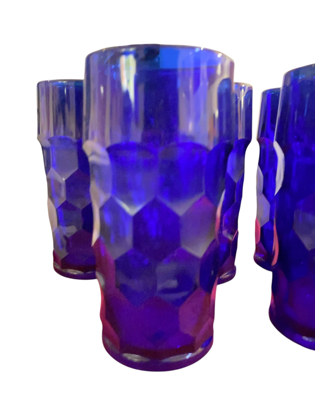 Rare Set of Six Cobalt Honey Comb Highball Glasses