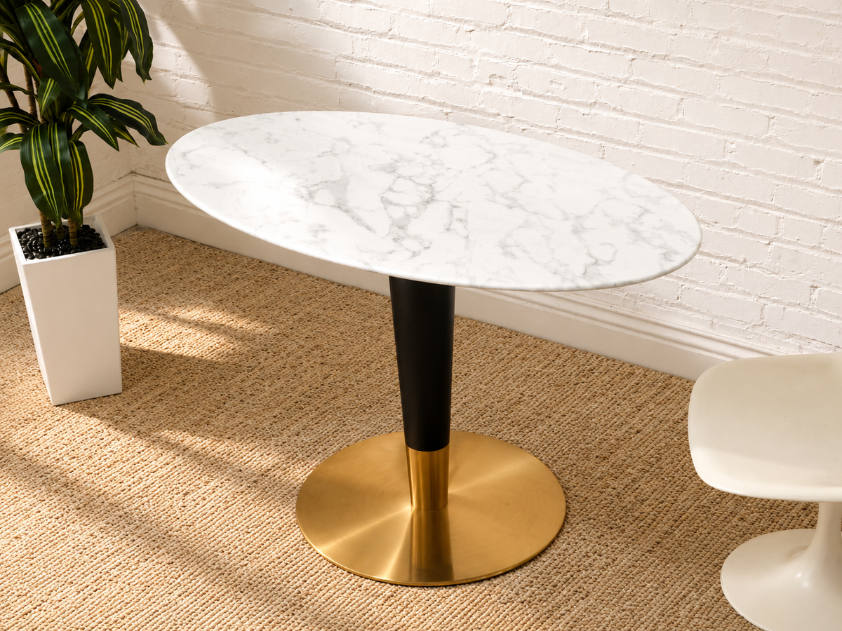 Modern Oval Faux Marble Dining Table with Black and Brass Pedestal Base