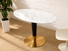 Modern Oval Faux Marble Dining Table with Black and Brass Pedestal Base