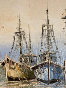 Harbor at Dusk Mid Century Oil Painting