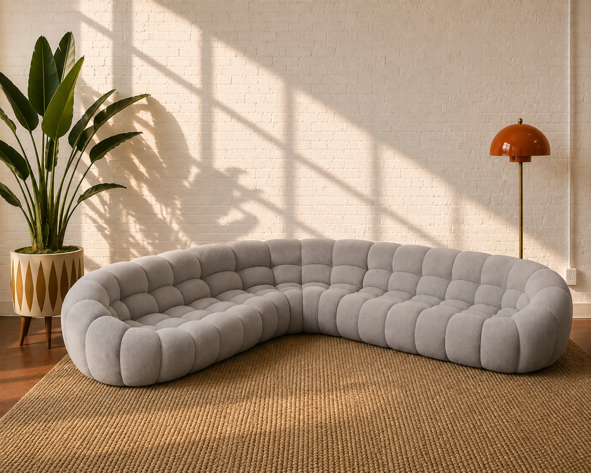 Grey Sculptural Channel-Tufted Curved Modular Sectional Sofa