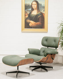 Sage Green Leather Iconic Chair and Ottoman
