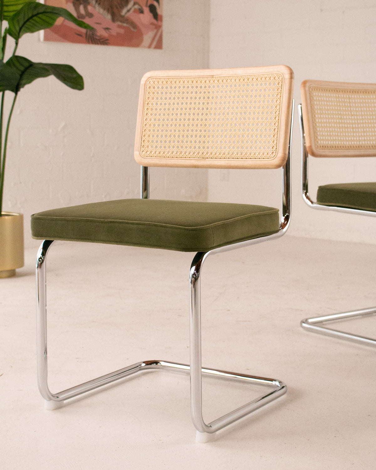 Blonde Cantilevered Chair with Green Velvet Seat