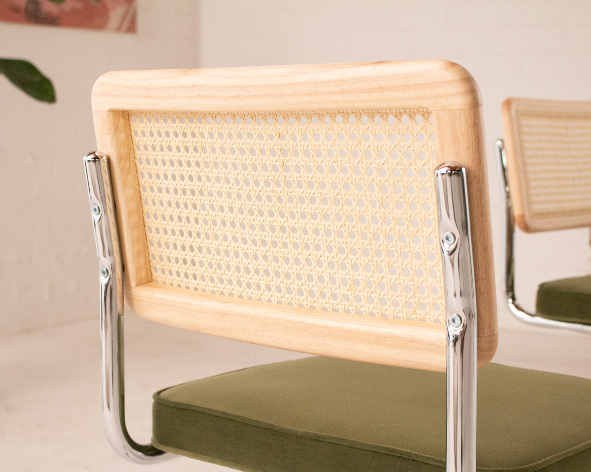 Blonde Cantilevered Chair with Green Velvet Seat