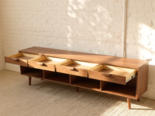 Boston Handcrafted, Walnut Low Credenza with Drawers and Open Storage