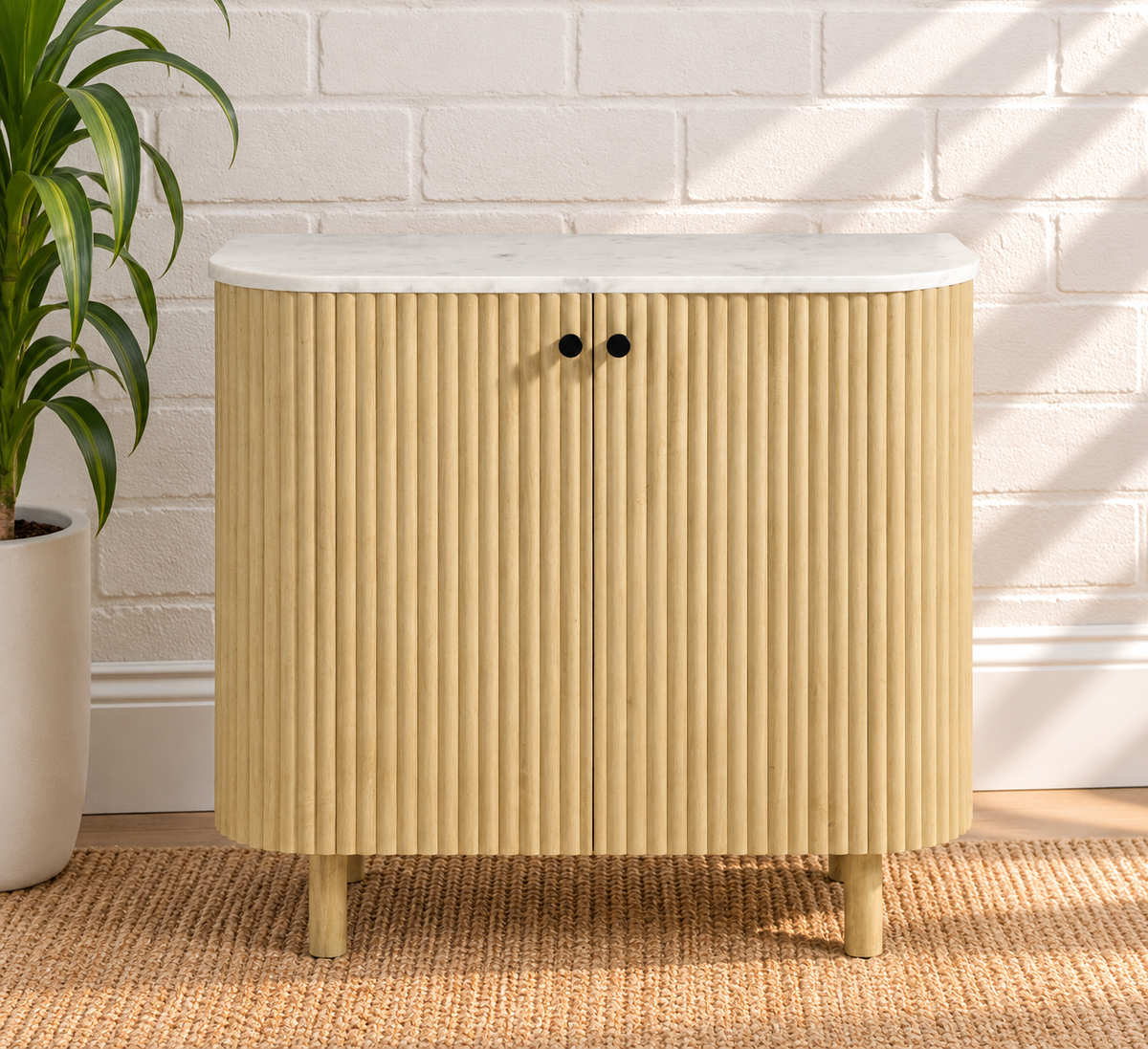 Frida Fluted Marble-Top Bar Cabinet in Sand