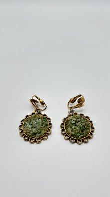 Vintage Green Stone Mosaic Clip-On Earrings with Gold-Tone Filigree