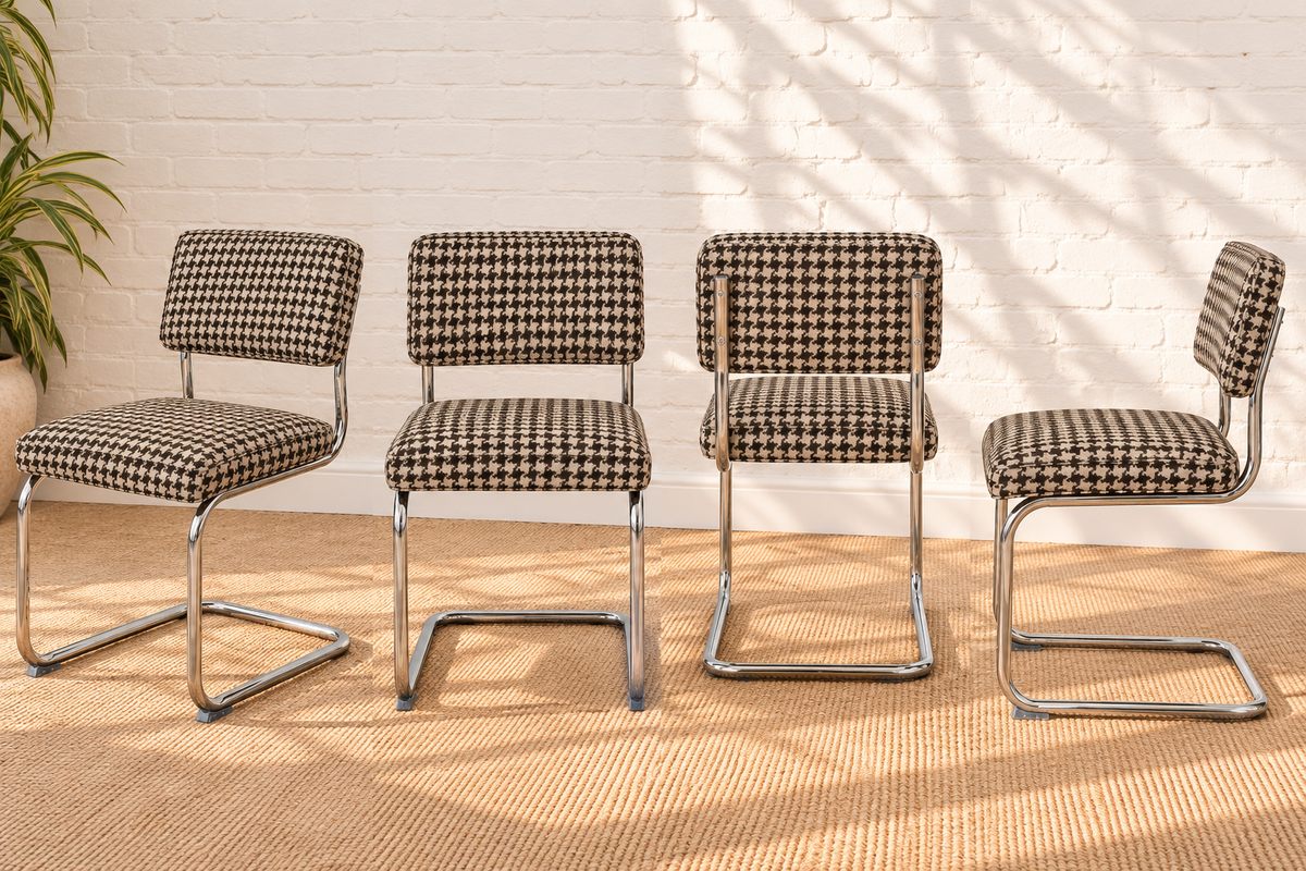 70s Style Chrome Cantilever Dining Chair in Brown Houndstooth Chenille