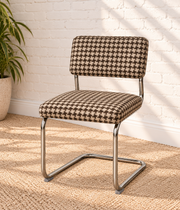 70s Style Chrome Cantilever Dining Chair in Brown Houndstooth Chenille