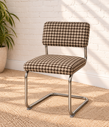 70s Style Chrome Cantilever Dining Chair in Brown Houndstooth Chenille