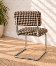 70s Style Chrome Cantilever Dining Chair in Brown Houndstooth Chenille