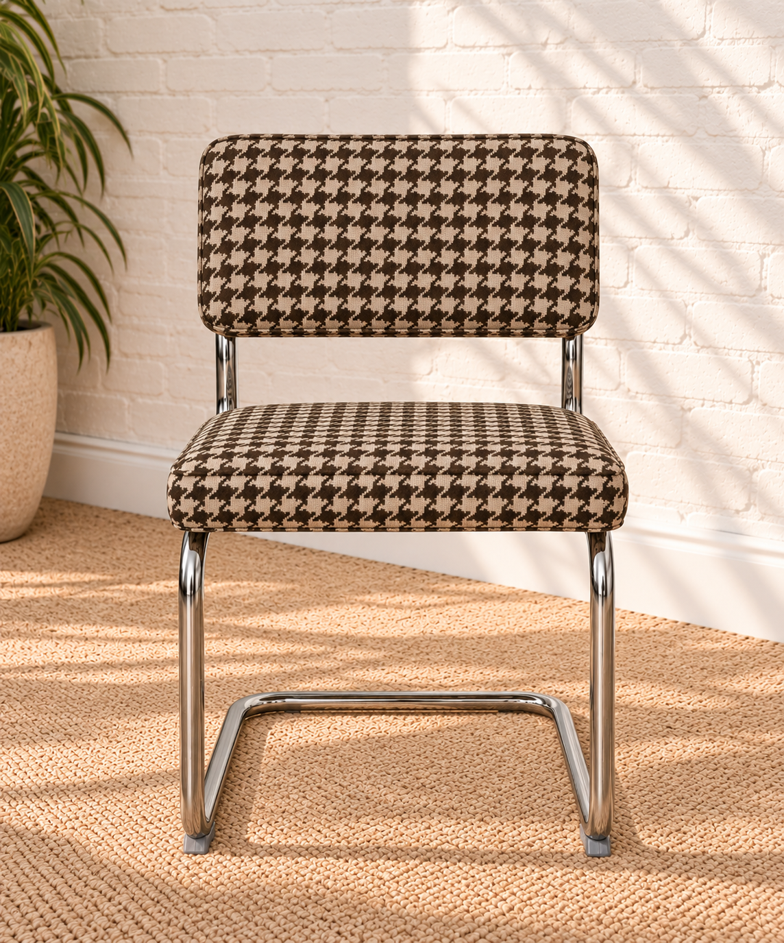 70s Style Chrome Cantilever Dining Chair in Brown Houndstooth Chenille