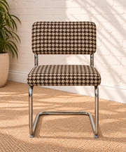 70s Style Chrome Cantilever Dining Chair in Brown Houndstooth Chenille