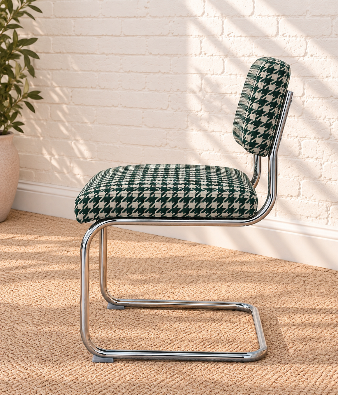 70s Style Chrome Cantilever Dining Chair in Green Houndstooth Chenille