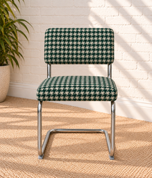 70s Style Chrome Cantilever Dining Chair in Green Houndstooth Chenille