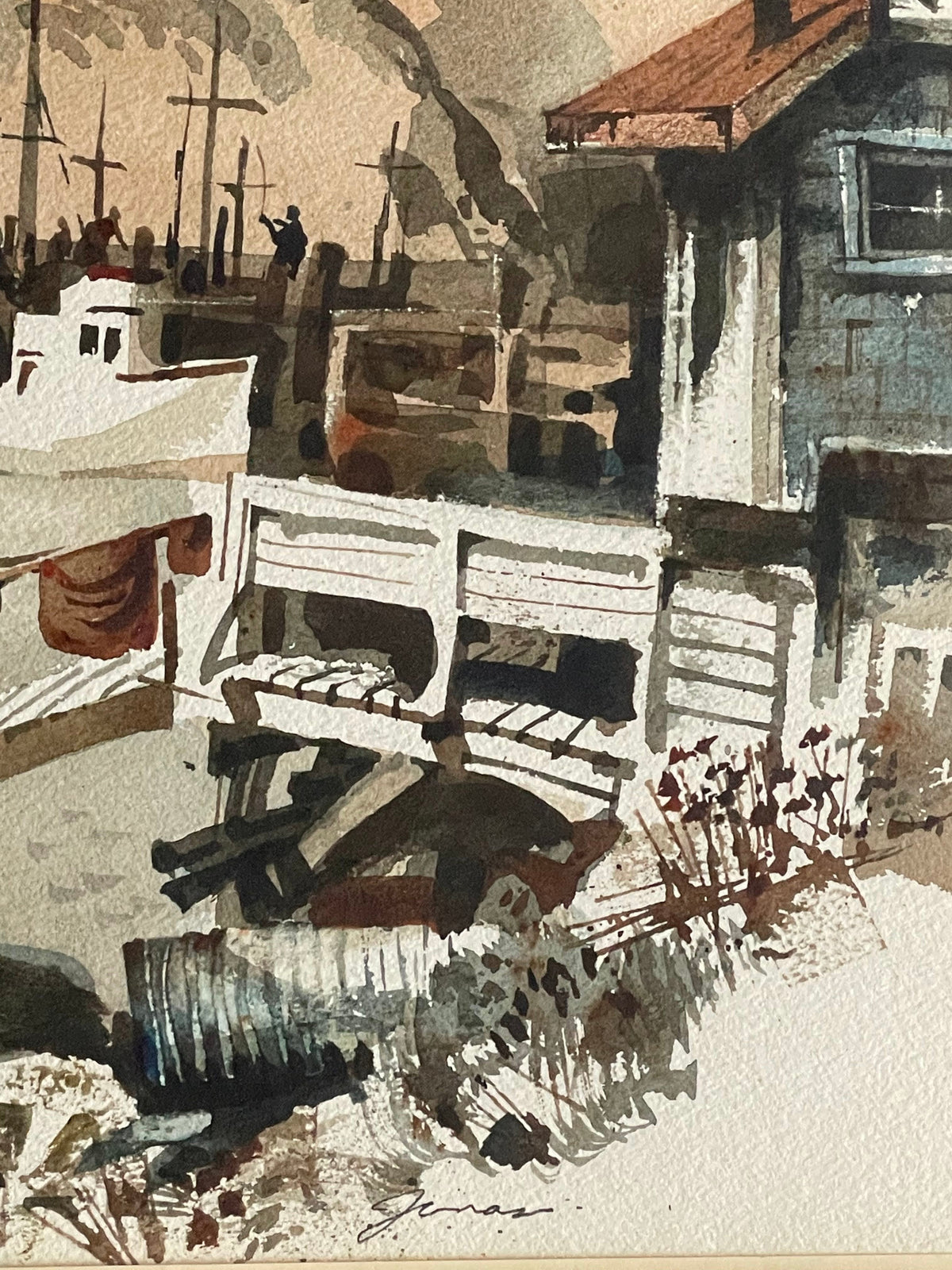 Watercolor Boats at Port Original Watercolor Signed