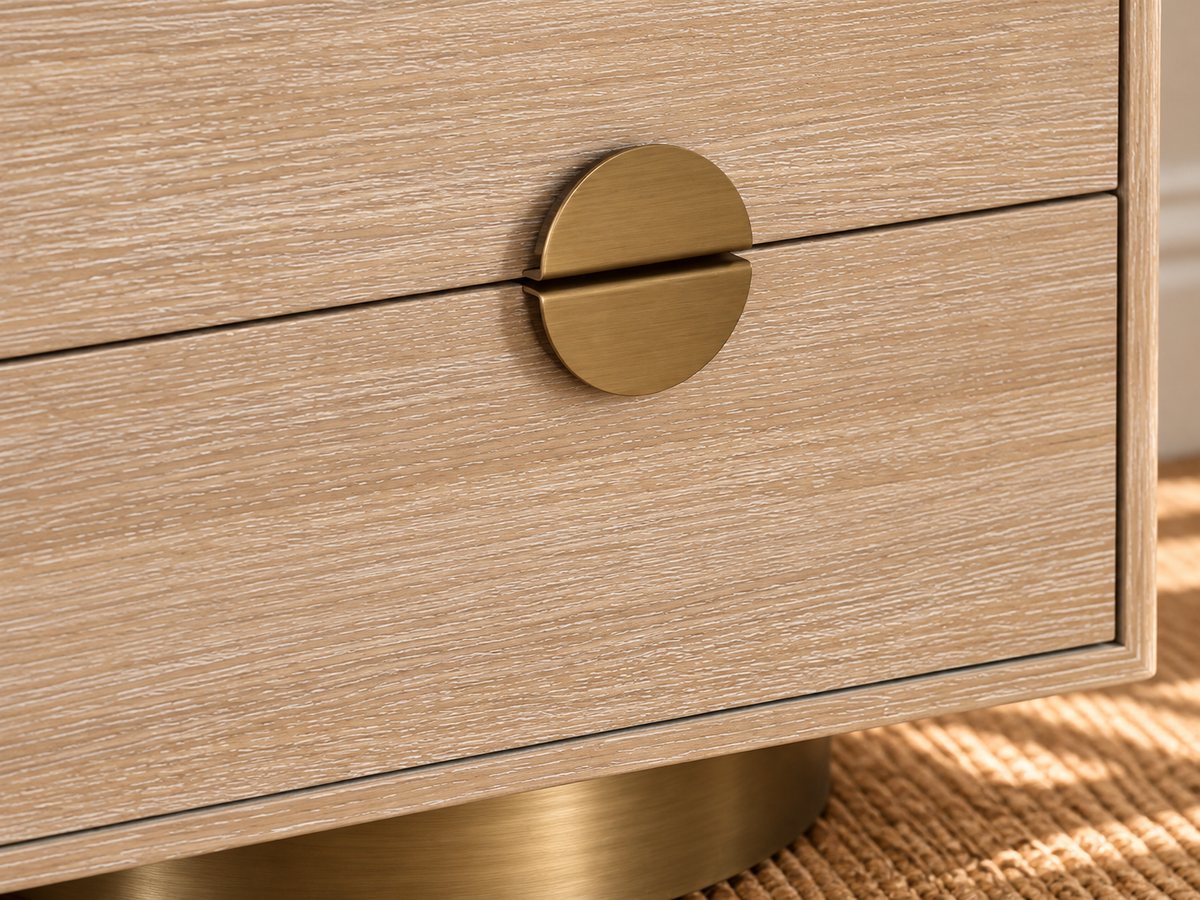 Pair of Jimena 2-Drawer Nightstands in Blonde Oak with Brass Metal Accents
