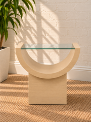 Marcel Glass Top Side Table in Blonde Oak