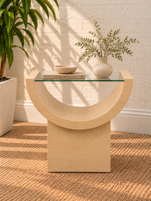 Marcel Glass Top Side Table in Blonde Oak