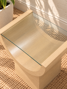 Marcel Glass Top Side Table in Blonde Oak