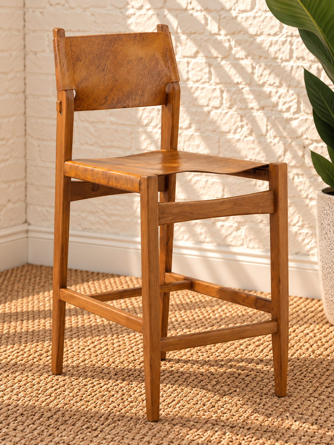 Nova Natural Brown Leather & Teak Counter Stool