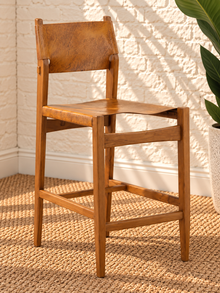 Nova Natural Brown Leather & Teak Counter Stool