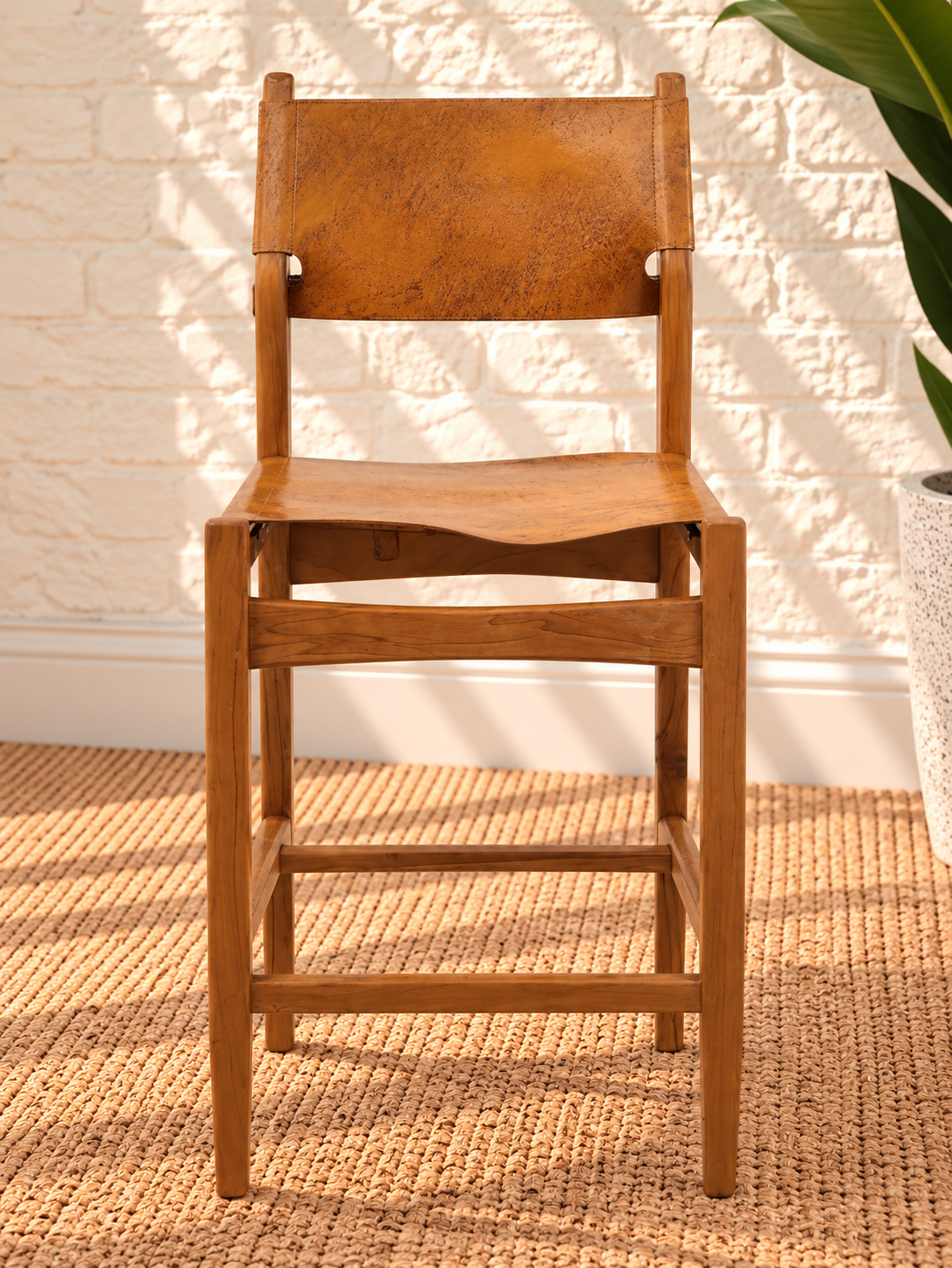 Nova Natural Brown Leather & Teak Counter Stool