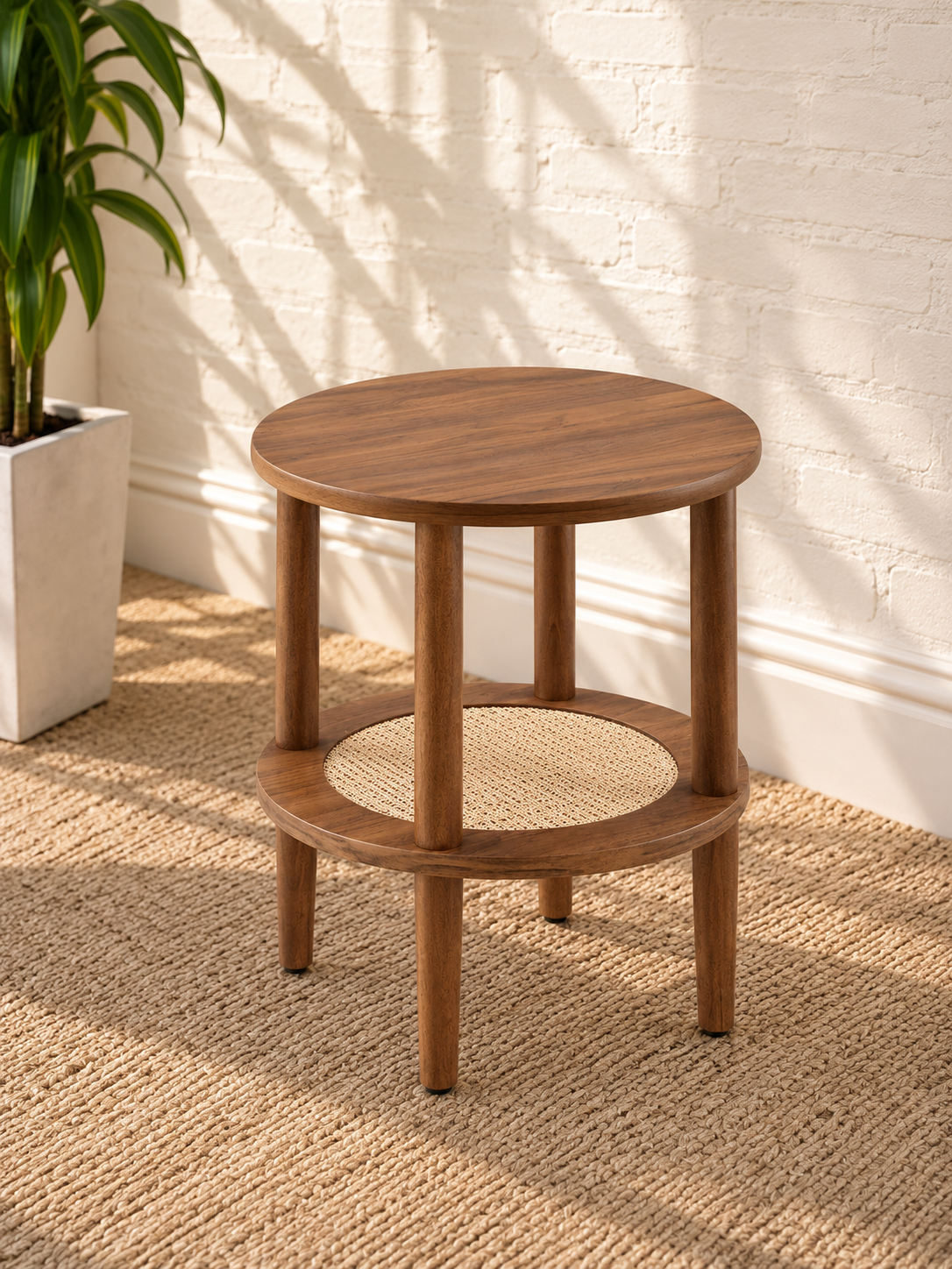 Rayna Round Rattan Side Table in Warm Walnut
