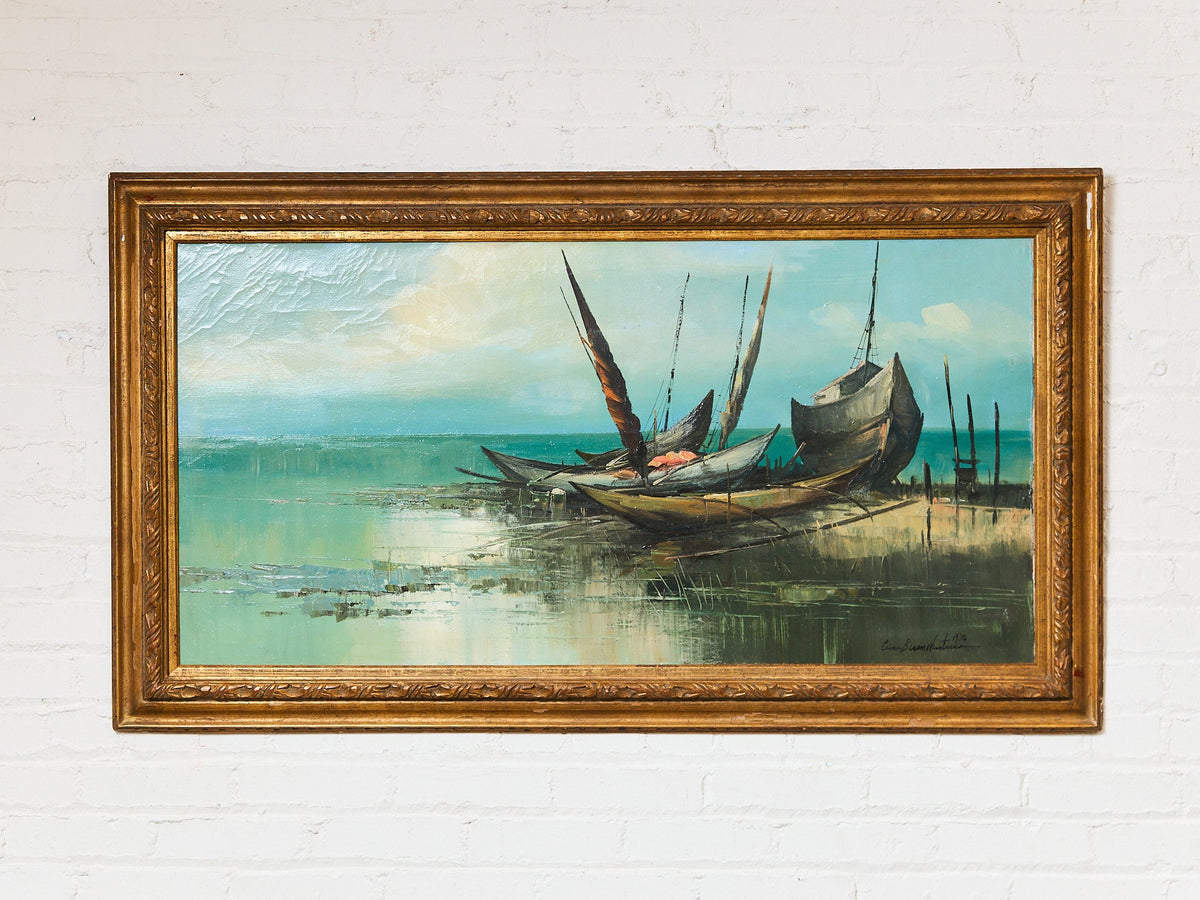Signed Oil Painting of Ships Fine Art Framed