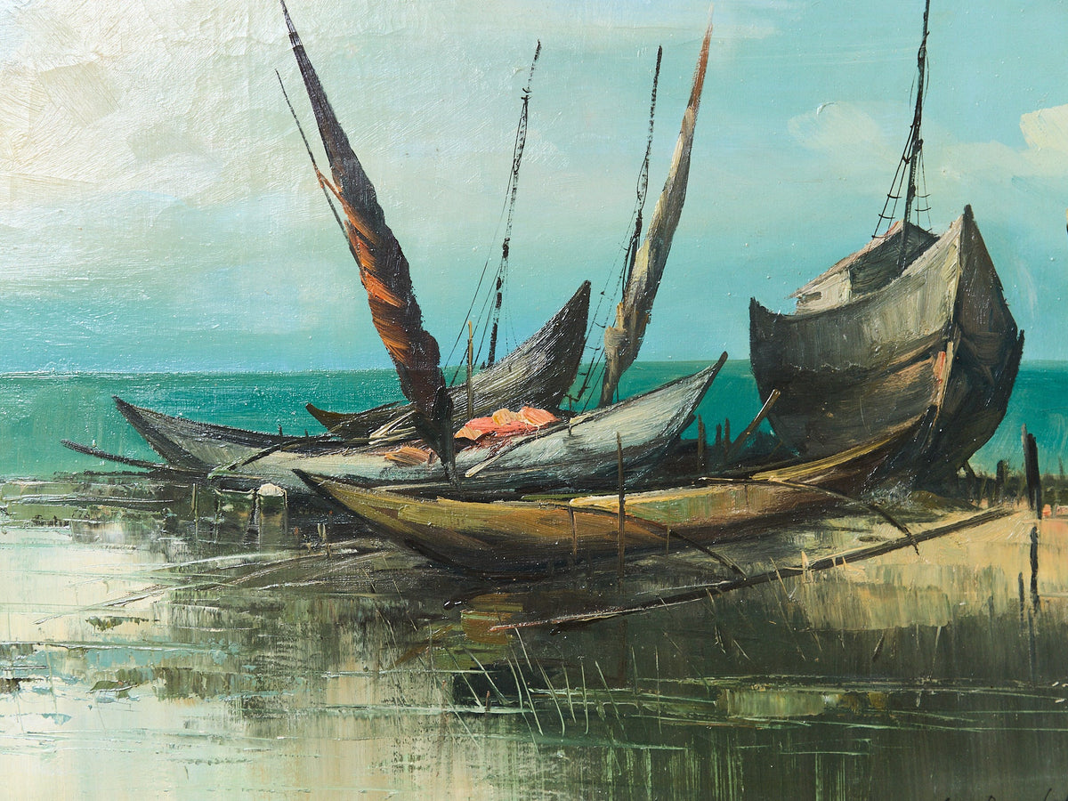 Signed Oil Painting of Ships Fine Art Framed